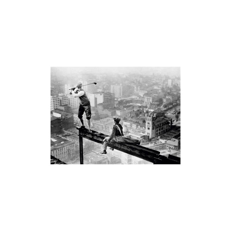 GOLFER TEEING OFF ON GIRDER HIGH ABOVE CITY, 1927