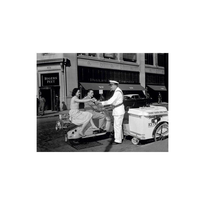COUPLE ON MOTOR SCOOTER BUYING ICE CREAM BAR, 1954
