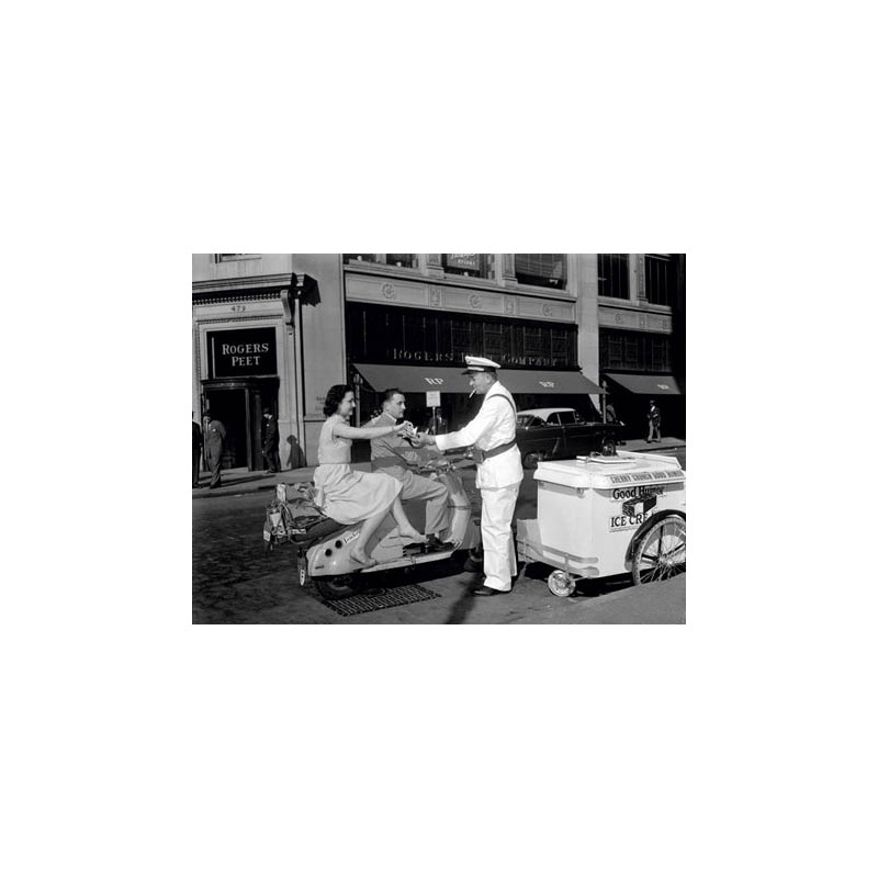 COUPLE ON MOTOR SCOOTER BUYING ICE CREAM BAR, 1954