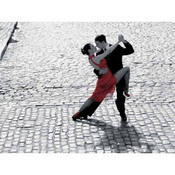 COUPLE DANCING TANGO ON COBBLESTONE ROAD