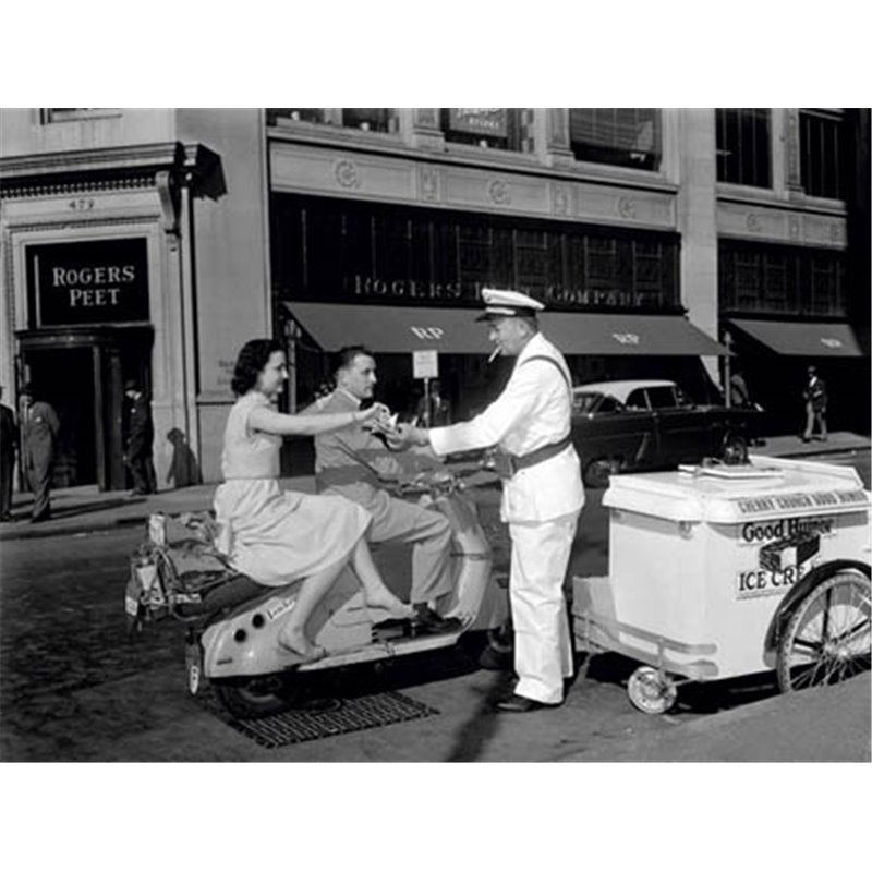 COUPLE ON MOTOR SCOOTER BUYING ICE CREAM BAR, 1954