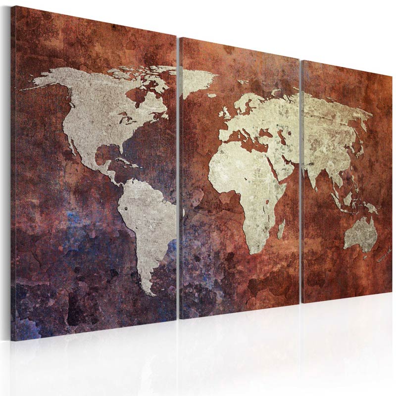 Cuadro Mapa del mundo color metal oxidado- tríptico