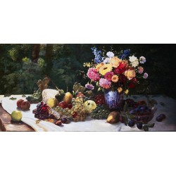 Vase of Flowers and Fruit on a Draped Table