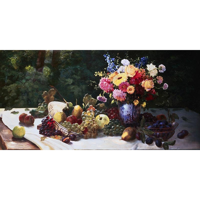 Vase of Flowers and Fruit on a Draped Table