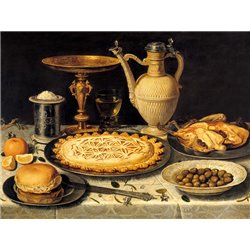 Still life with a tart, roast chicken, bread, rice and olives