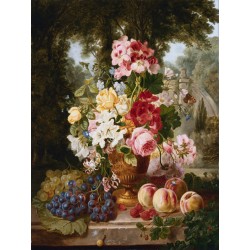 A Vase of Summer Flowers and Fruit