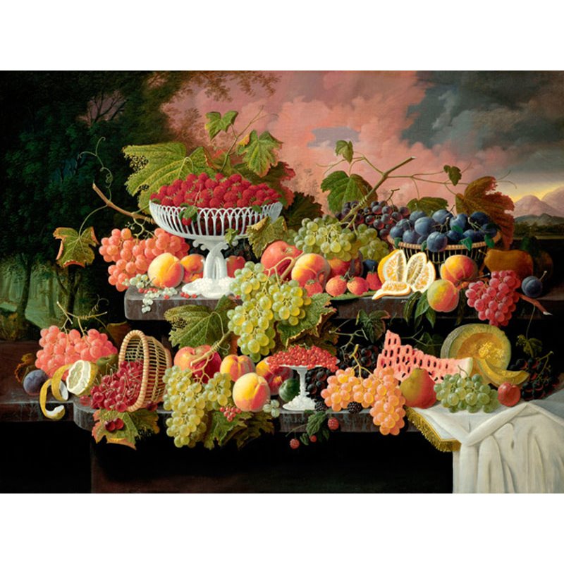 Two-Tiered Still Life with Fruit and Sunset Landscape